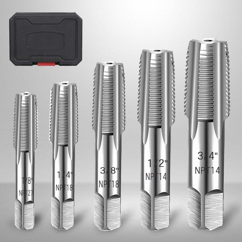 SQLMLZ 5-Piece NPT Pipe Tap Set,Sizes Includes 1/8", 1/4", 3/8", 1/2" and 3/4"，Pipe Taps Set with Storage Box,for Cleaning,Re-thread Damaged,Jam Pipe Threads,thread tap - Image 1